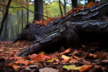 fallen leaves on trunk of a tree in forest, created with generative aiの素材