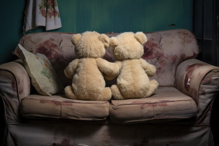 two teddy bears turned back to each other on a sofa, created with generative aiの素材