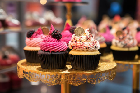 decorated cupcakes on a stand during event, created with generative aiの素材