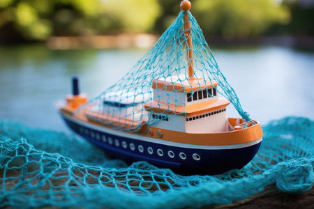 toy ship safeguarded by a safety net, denoting insurance, created with generative aiの素材