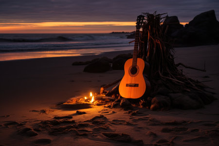 bonfire on a beach with a guitar leaning nearby, created with generative aiの素材