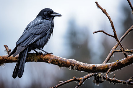 a crow perched ominously on a branch, created with generative aiの素材