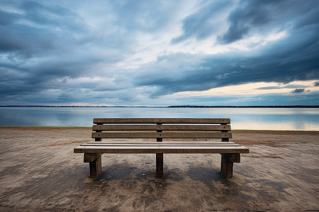 empty wooden bench under a cloudy sky, created with generative aiの素材