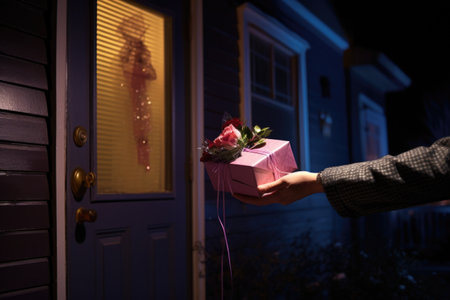 a hand placing a gift box on a doorstep at night, created with generative aiの素材