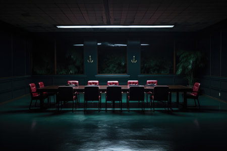 an empty conference room with lights turned off, created with generative aiの素材