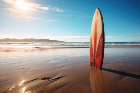 empty surfboard on a sunny beach, created with generative aiの素材