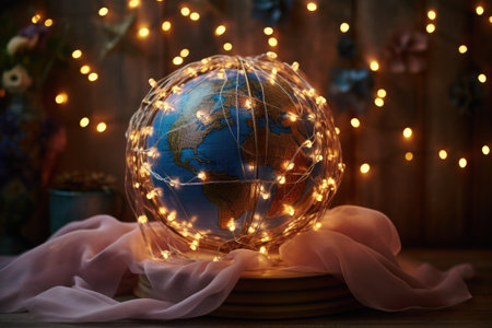 globe with fairy lights wrapped around it, created with generative aiの素材