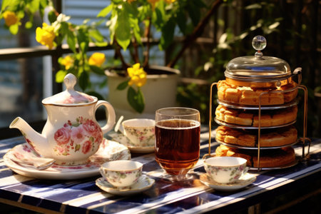 teapot, cups and a tray of sliced cake on outdoor table, created with generative aiの素材