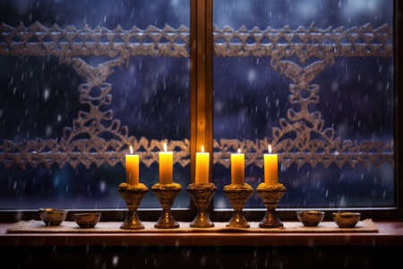 a menorah on a windowsill with snowfall outside, created with generative aiの素材
