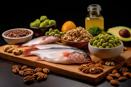 avocados, nuts, and fish indicating healthy fats, created with generative aiの素材
