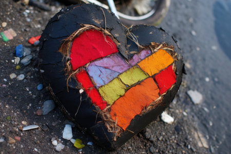 a vibrant heart-shaped patch fixed on a punctured bicycle tyre, created with generative aiの素材