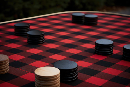 partial view of an outdoor checkers board with oversized checkers, created with generative aiの素材