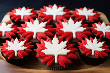 red and white canada day cupcakes arranged on a tray, created with generative aiの素材