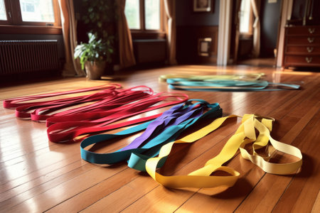 resistance bands on a hardwood floor, created with generative aiの素材