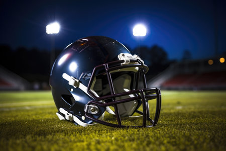 night shot of a helmet on the mound under stadium lights, created with generative aiの素材