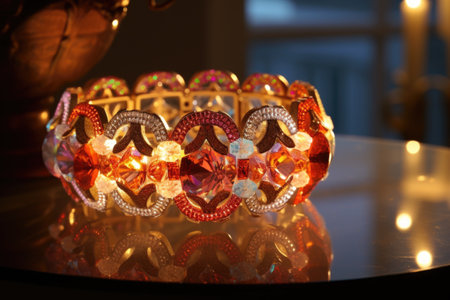 a single, richly detailed beaded bracelet on a glass dressing table, illuminated by soft light, created with generative aiの素材