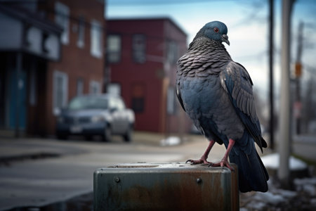 a pigeon perched on a vintage metal mailbox in a city street, created with generative aiの素材