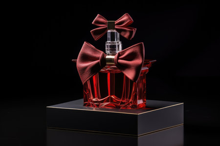perfume bottle nestled in an open gift box with a bow tie, created with generative aiの素材