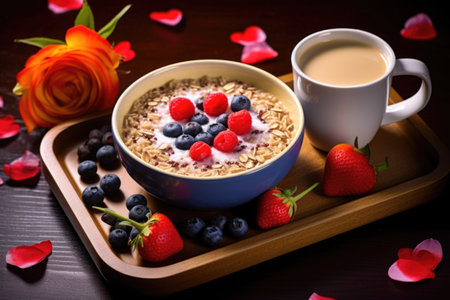 a bright tray with a bowl of oatmeal, berries, and a cup of hot chocolate, created with generative aiの素材