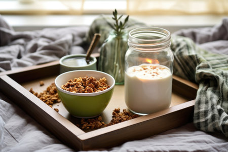 tray with yogurt, granola, and a cup of green tea on a bed with a bedside lamp background, created with generative aiの素材