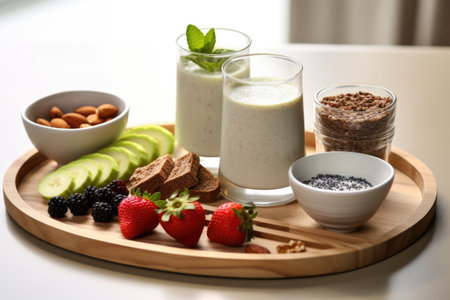 a modern tray with a vegan breakfast: avocado toast, chia pudding, and almond milk, created with generative aiの素材