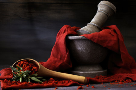 mortar with chili powder and a pestle, with a rustic burlap cloth underneath, created with generative aiの素材