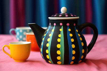 teapot painted with rainbows sitting on a polka-dot tablecloth, created with generative aiの素材