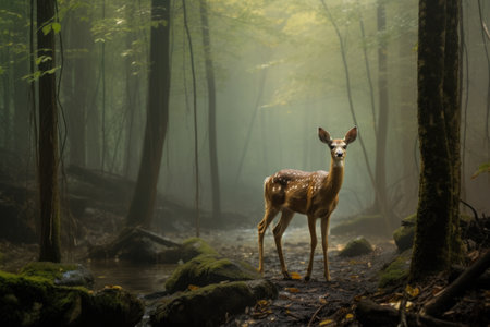 a fawn standing alone in a mist-filled forest clearing, created with generative aiの素材