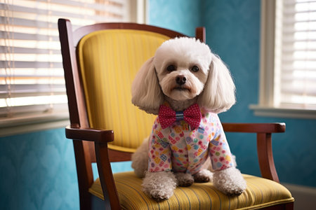a bulldog sitting on a chair indoors, donning a polka-dotted bow tie, created with generative aiの素材