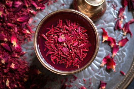 top view of a cup of hibiscus tea with dried petals scattered around, created with generative aiの素材