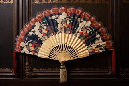 a hand fan with traditional asian patterns laid on a silk fabric, created with generative aiの素材