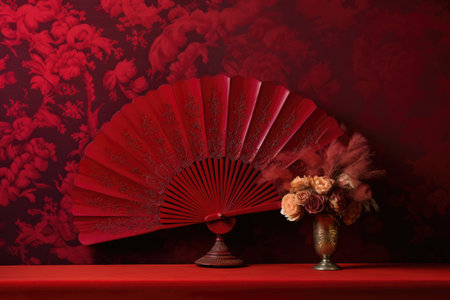 a single elegant hand fan open against a rich, velvety red backdrop, created with generative aiの素材