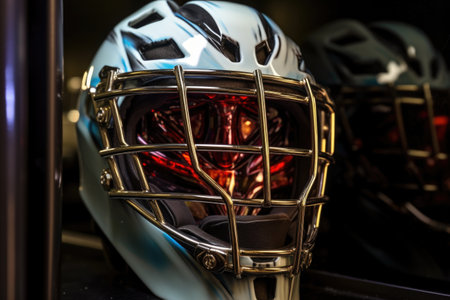 close-up of goalie mask with locker room lights reflected on it, created with generative aiの素材
