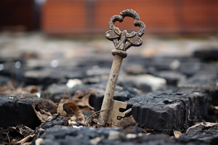 rustic key placed atop a pile of old red bricks, created with generative aiの素材