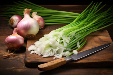 a knife and a pile of freshly chopped onions on a bamboo board, created with generative aiの素材