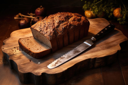 a bread knife sticking out of a wooden chopping board, created with generative aiの素材