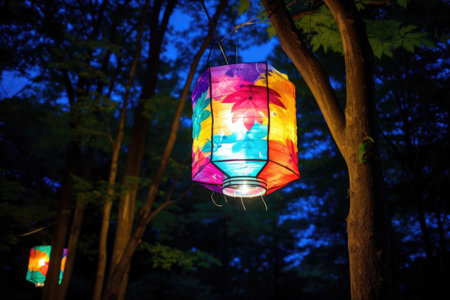 a colorful paper lantern hanging amidst the park trees during a night festival, created with generative aiの素材