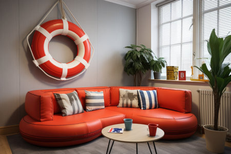 office breakout area with a lifebuoy on the sofa, created with generative aiの素材