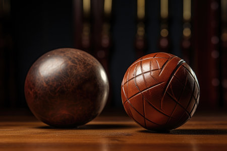 an old leather ball beside a new synthetic one, created with generative aiの素材