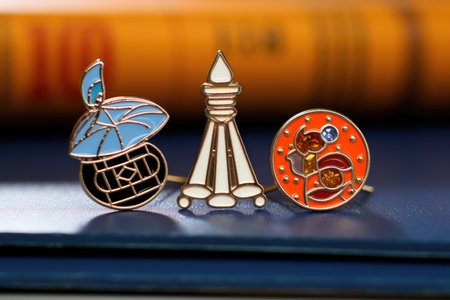 closeup of enamel pins with academic motifs, created with generative aiの素材