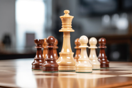 a chessboard set up for a game on a table, created with generative aiの素材