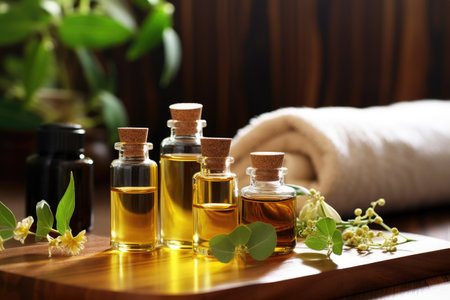 essential oil bottles beside a spa bath, created with generative aiの素材