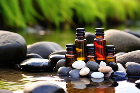 essential oil bottles placed between river stones, created with generative aiの素材