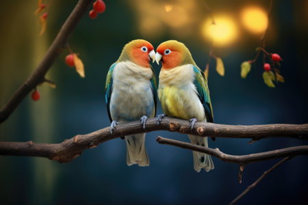 a pair of lovebirds sitting together on a tree branch, created with generative aiの素材