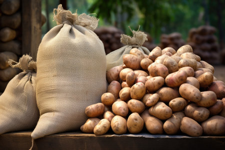 sacks of harvested potatoes ready for market, created with generative aiの素材