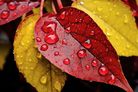raindrops on red and yellow leaves, created with generative aiの素材