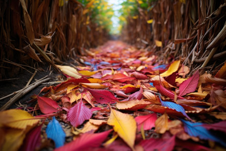 close-up of fallen, colorful leaves on a corn maze path, created with generative aiの素材