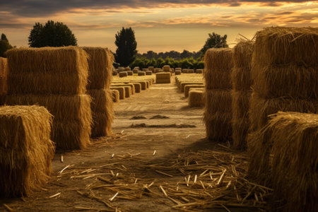 straw bales arranged beside a corn maze, created with generative aiの素材