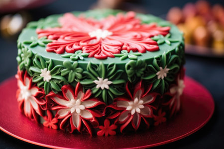 red and green fondant decorations on top of a christmas cake, created with generative aiの素材