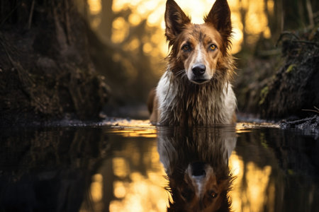 a dog and its reflection clearly visible in a pond, created with generative aiの素材